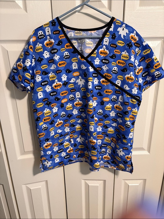 Scrubs Tops - Adult Blue Halloween Ghost Print Scrub Top